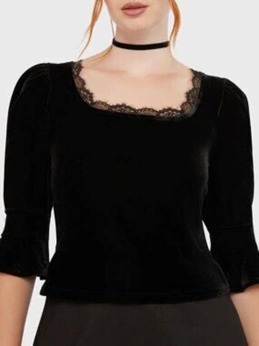 Killstar Dottie Dottie Black Velvet Top Puff Sleeves Lace Cropped Large Goth